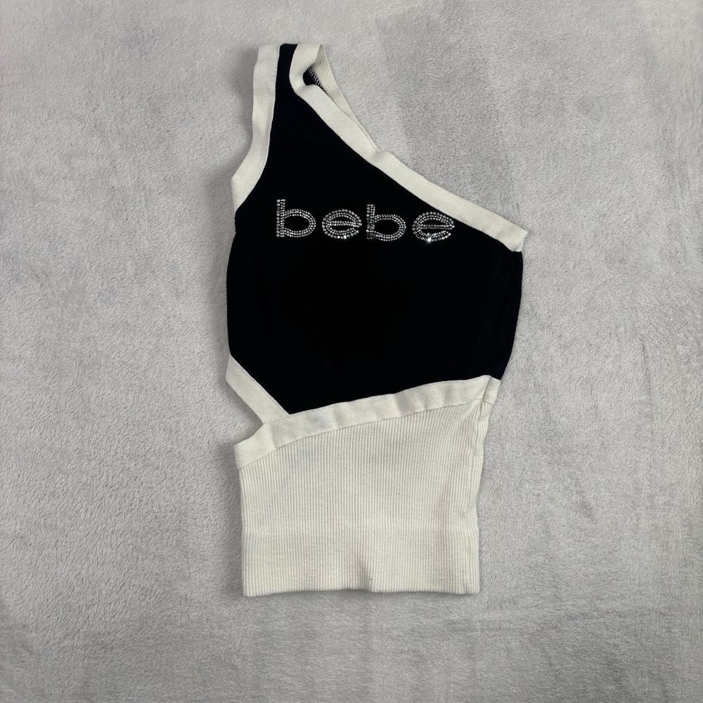 Y2K Bebe Rhinestone Tank Top Black White Sleeveless Women's Small One Strap